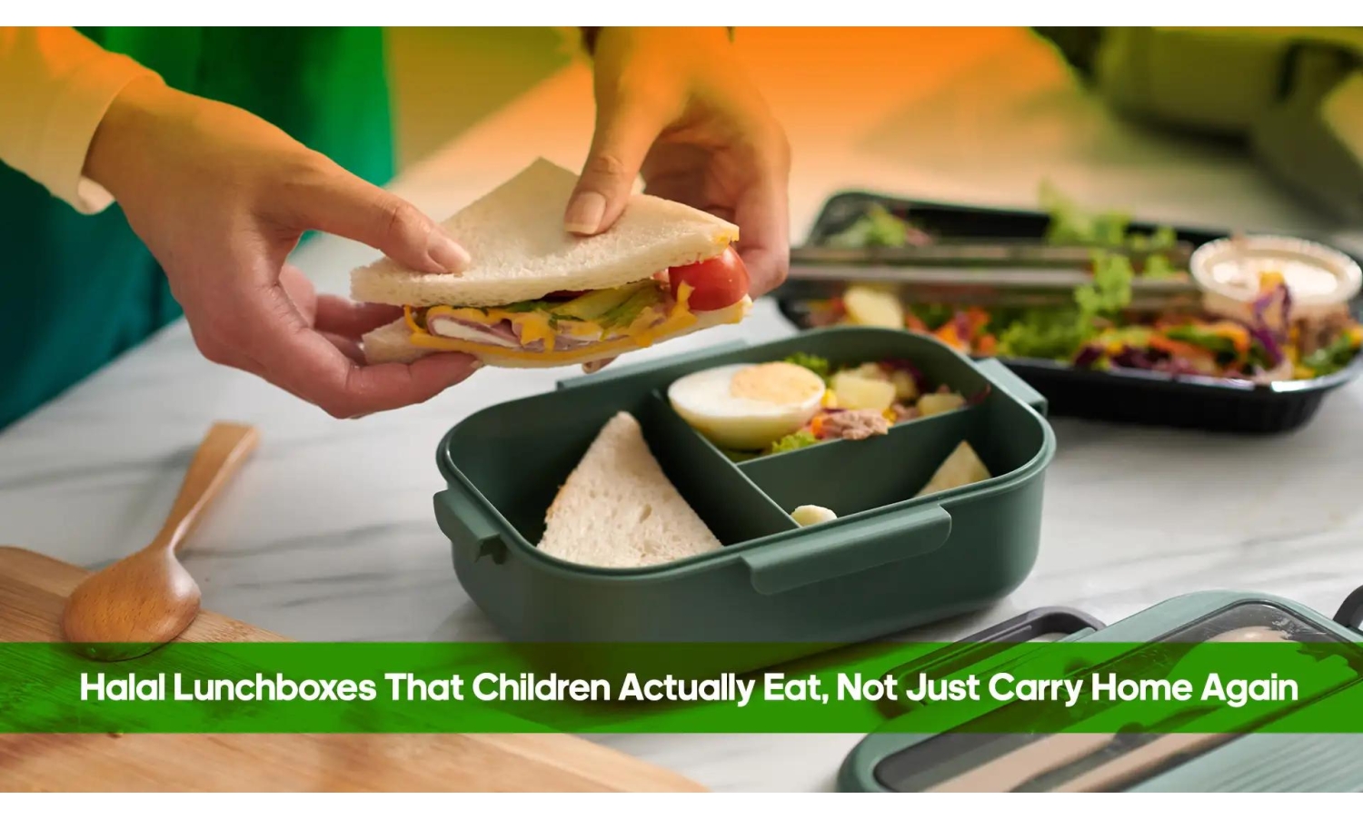 Parent packing a halal lunchbox with a sandwich, boiled egg and vegetables for school