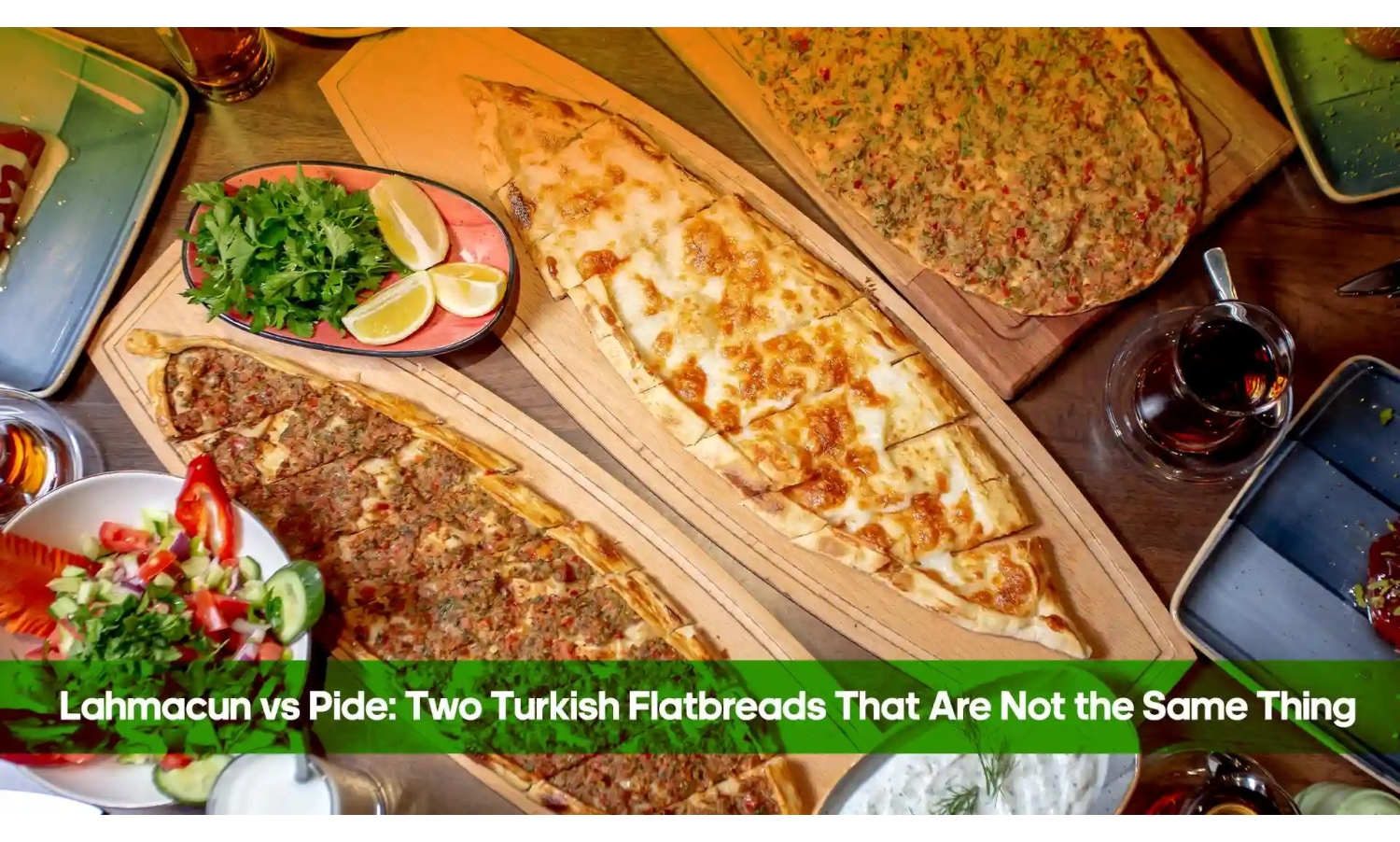Lahmacun and pide Turkish flatbreads served side by side with salad, lemon and Turkish tea