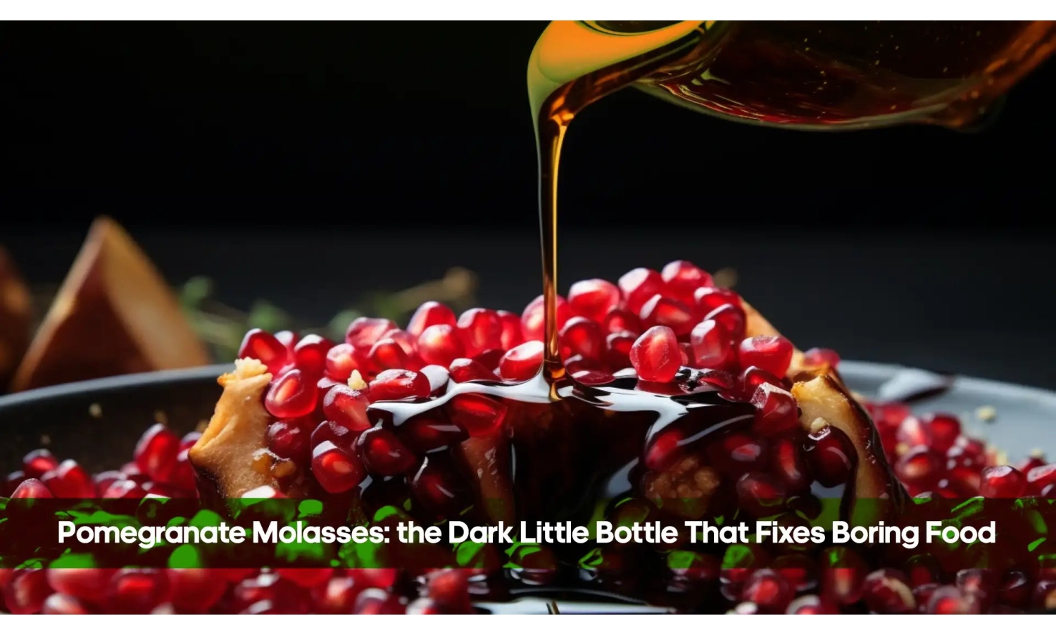 Pomegranate molasses being drizzled over fresh pomegranate seeds