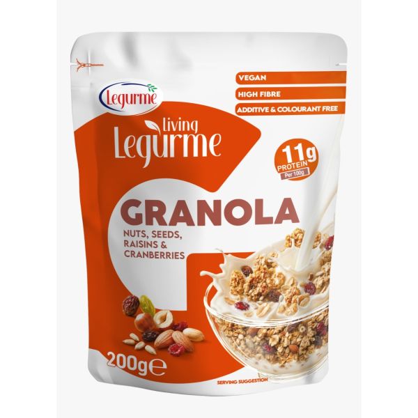 Legurme Granola Nuts, Seeds, Raisins & Cranberries - Vegan, High Fibre, Additive & Colourant Free - 200g