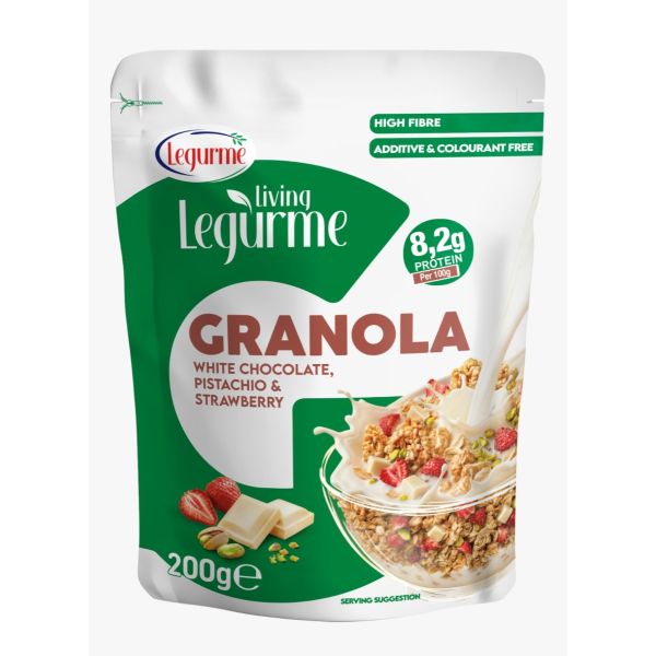 Legurme Granola White Chocolate,, Pistachio & Strawberry - High Fibre, Additive & Colourant Free - 200g