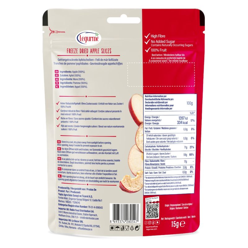 Legurme Freeze Dried Apple Slices - High Fibre, No Added Sugar, 100% Fruit - 15g