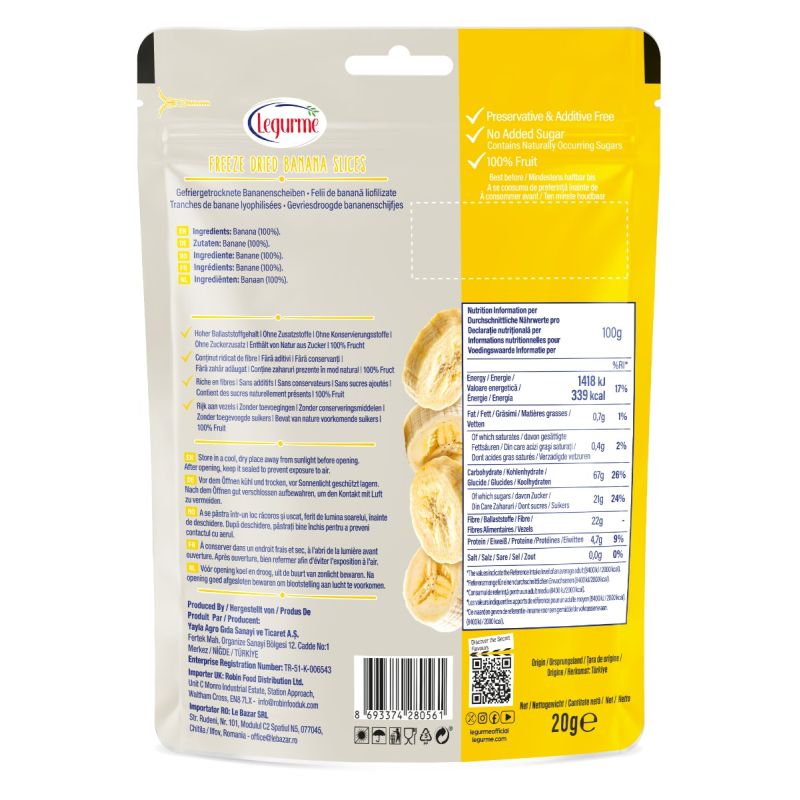Legurme Freeze Dried Banana Slices - High Fibre, No Added Sugar, 100% Fruit - 15g