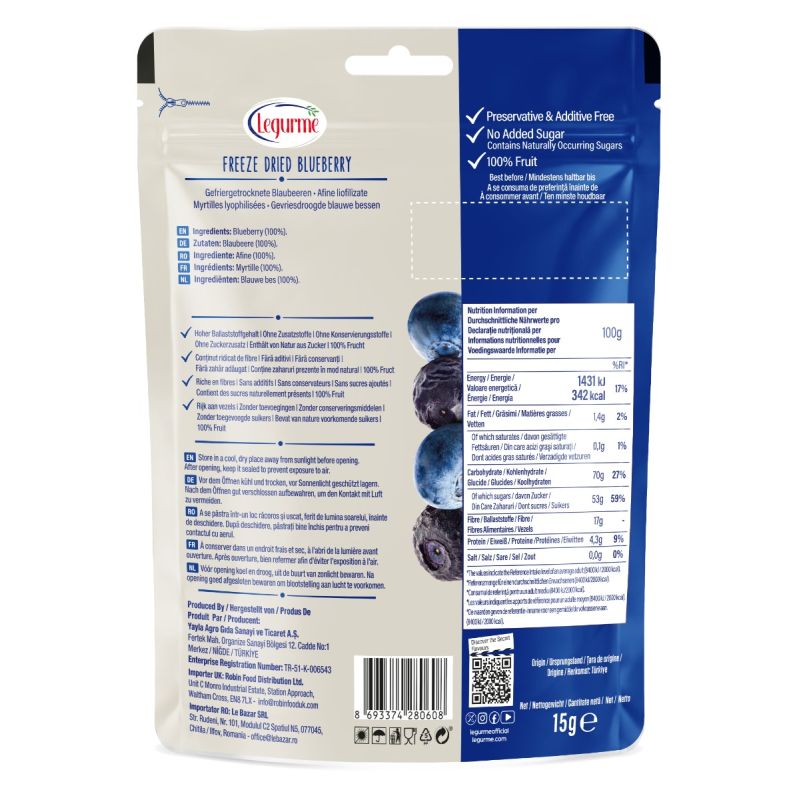 Legurme Freeze Dried Blueberry (Whole) - High Fibre, No Added Sugar, 100% Fruit - 15g