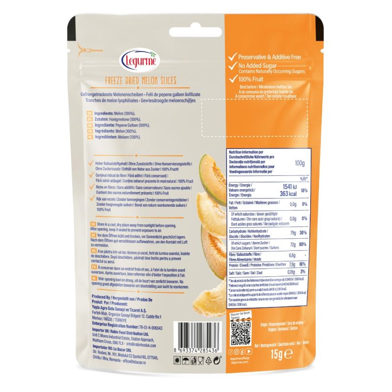 Legurme Freeze Dried Melon Slices - High Fibre, No Added Sugar, 100% Fruit - 15g