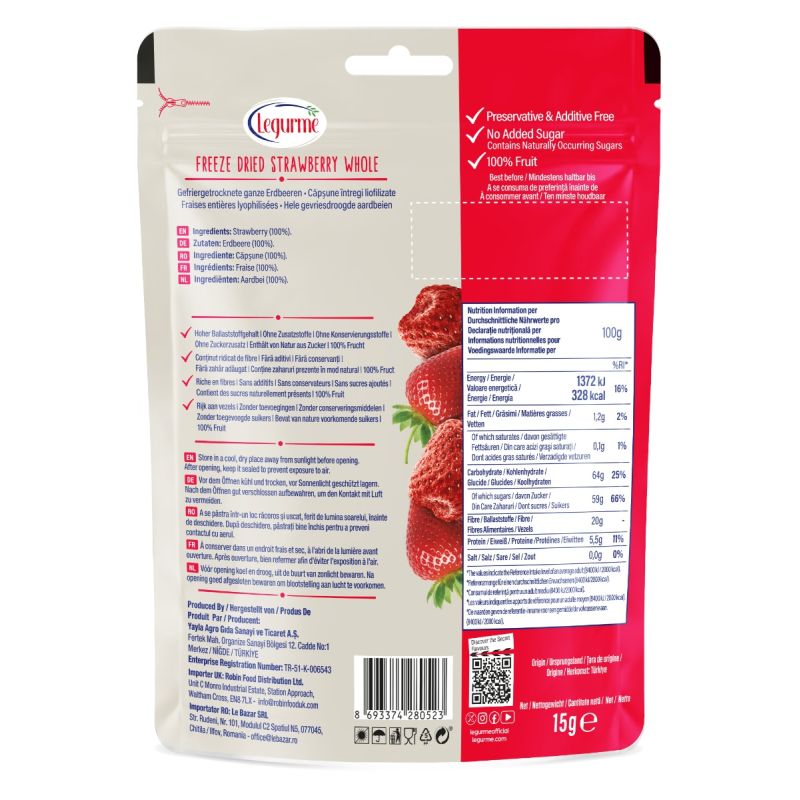 Legurme Freeze Dried Strawberry (Whole) - High Fibre, No Added Sugar, 100% Fruit - 15g
