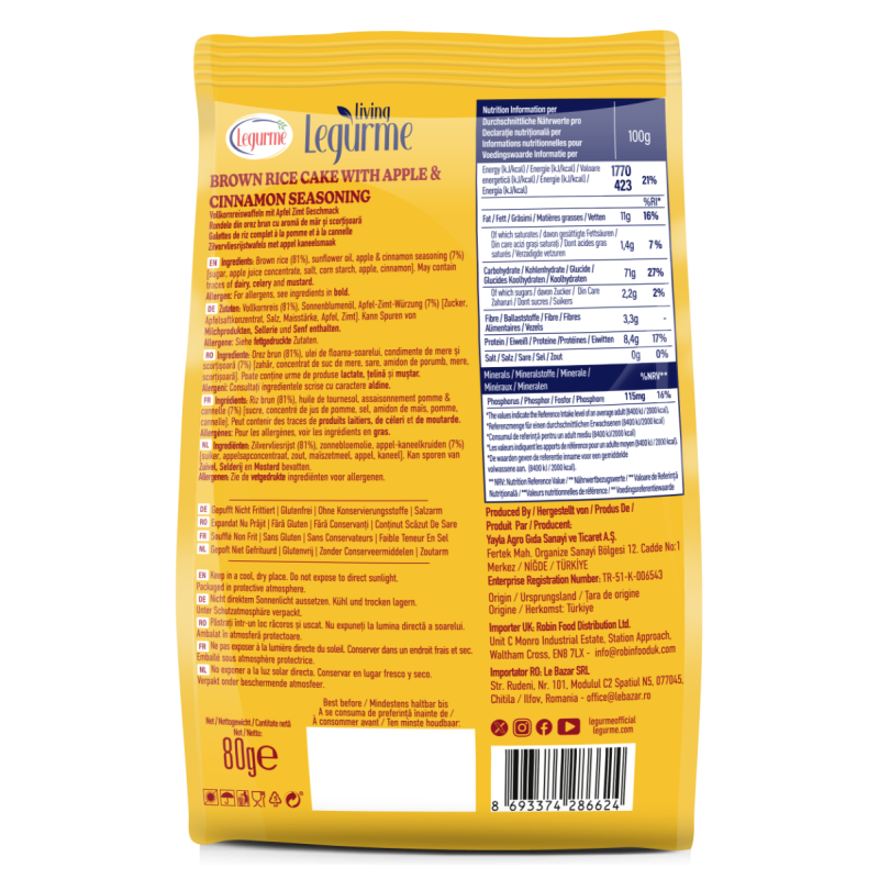 Legurme Rice Cake With Apple & Cinnamon | Popped, Non-Fried | Gluten Free | Preservative Free | Low Salt | 80g