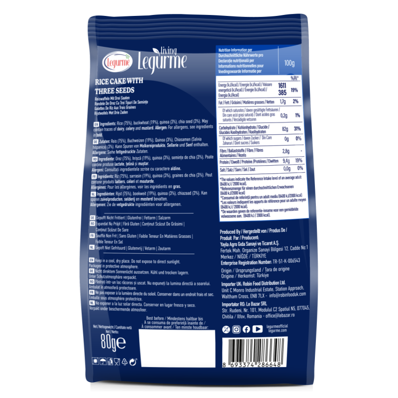 Legurme Rice Cake With Three Seeds (Buckwheat, Chia, Quinoa) | Popped, Non-Fried | Gluten Free | Low Fat, Low Salt