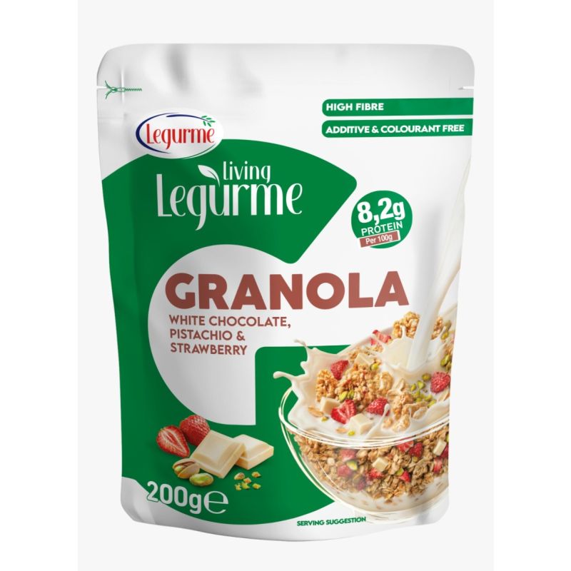 Legurme Granola White Chocolate,, Pistachio & Strawberry - High Fibre, Additive & Colourant Free - 200g