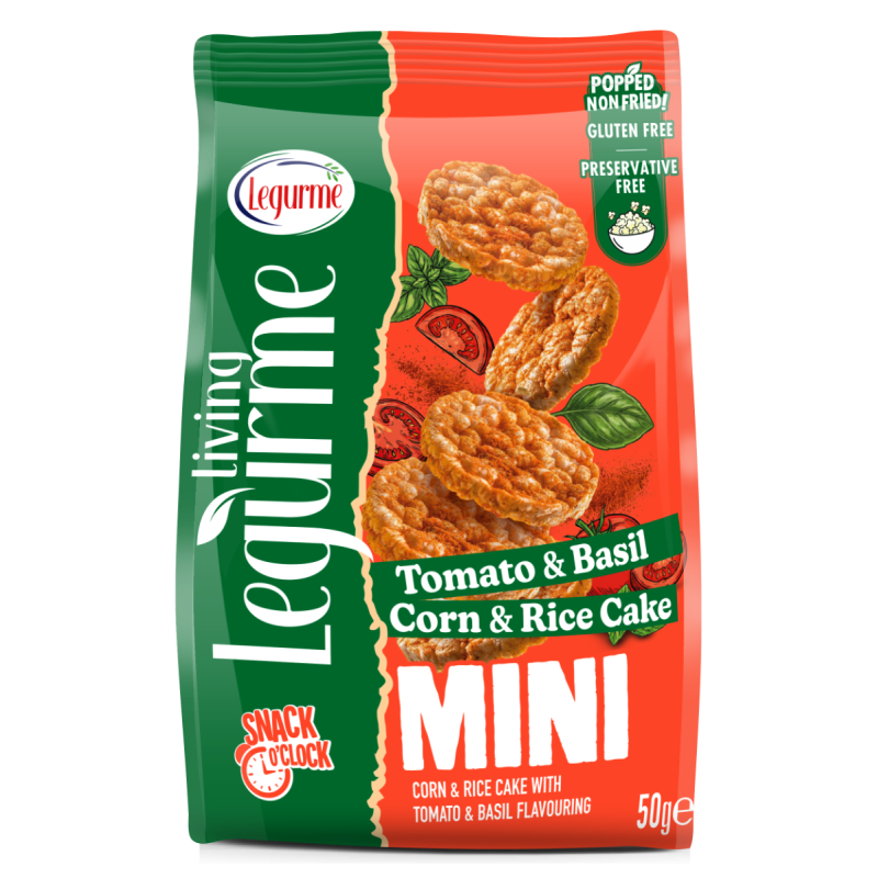 Legurme Mini Corn & Rice Cake With Tomato & Basil - Popped | Non Fried | Gluten Free | Preservative Free | 50g