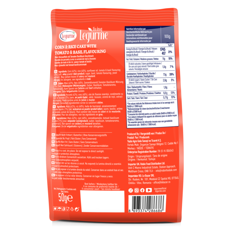 Legurme Mini Corn & Rice Cake With Tomato & Basil - Popped | Non Fried | Gluten Free | Preservative Free | 50g