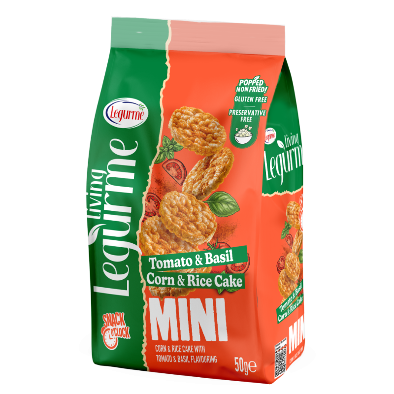 Legurme Mini Corn & Rice Cake With Tomato & Basil - Popped | Non Fried | Gluten Free | Preservative Free | 50g