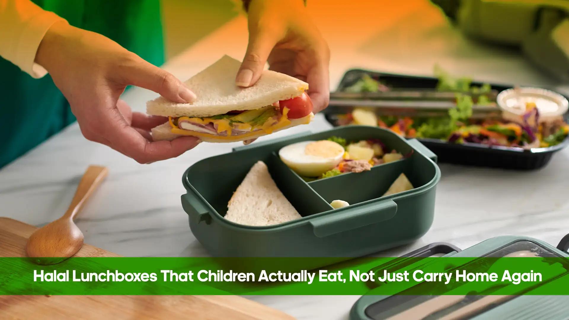 Parent packing a halal lunchbox with a sandwich, boiled egg and vegetables for school