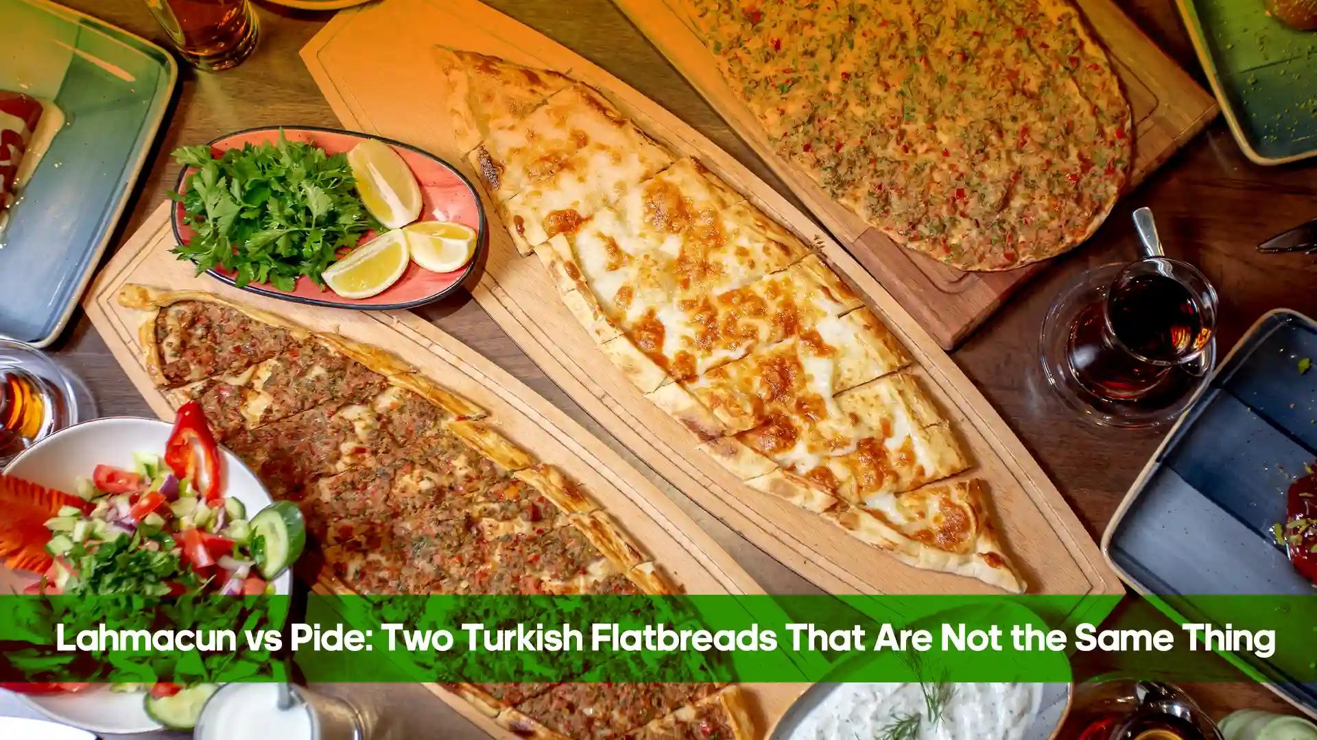 Lahmacun and pide Turkish flatbreads served side by side with salad, lemon and Turkish tea