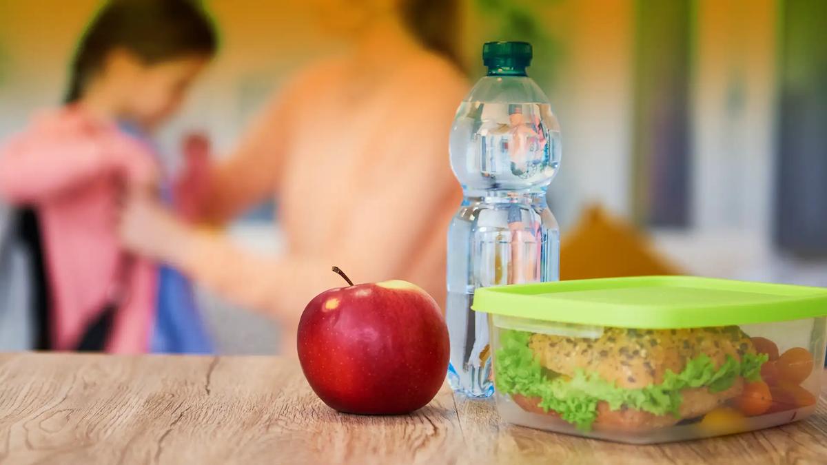 Child getting ready for school with a packed lunch box, an apple and a bottle of water