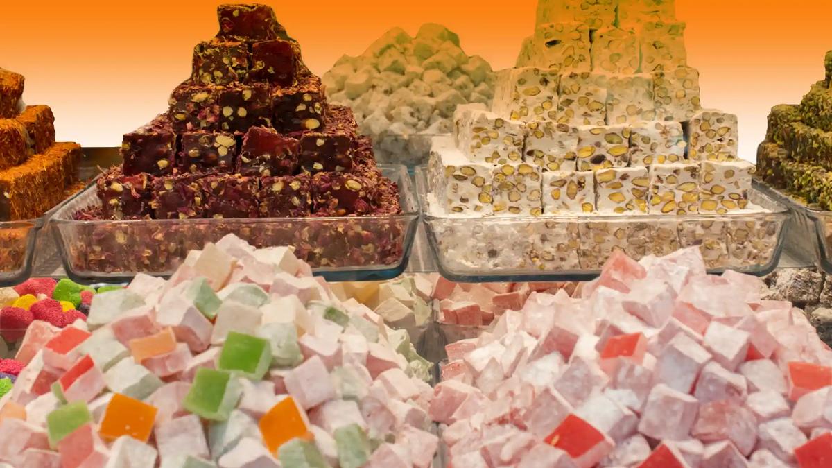 Turkish delight varieties on display Shop display of Turkish delight varieties including pistachio blocks and fruit-flavoured cubes
